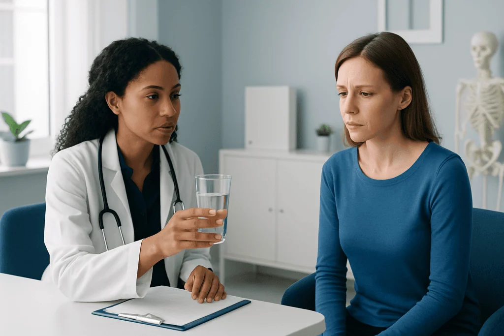 Doctor explaining water safety to patient in medical consultation room.