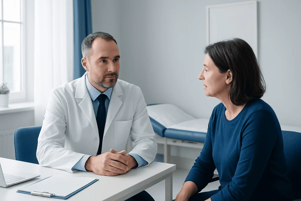 Doctor consulting with a female patient in a medical office.