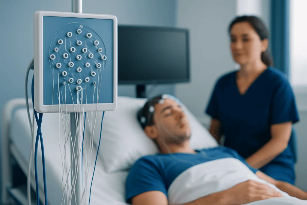 Patient undergoing a sleep study with EEG sensors attached to his head.