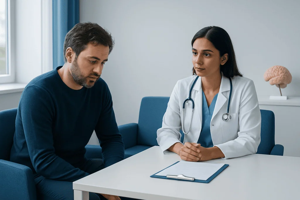 Doctor consulting with a patient in a medical office setting.