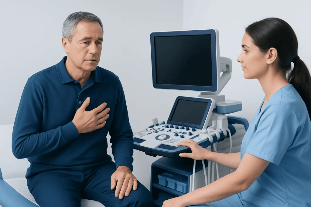 Doctor performing an ultrasound exam on a male patient in a clinical setting.
