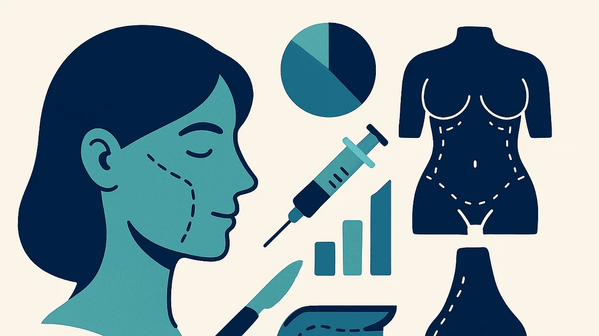 Illustration of cosmetic surgery elements including face, body, and medical tools.