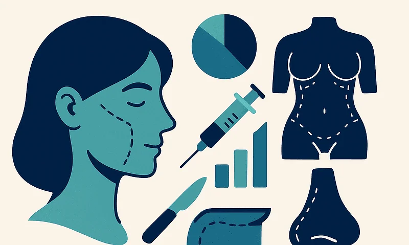 Illustration of cosmetic surgery elements including face, body, and medical tools.