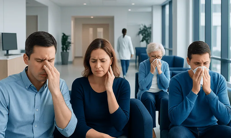 People in a waiting room experiencing sinus or cold symptoms.