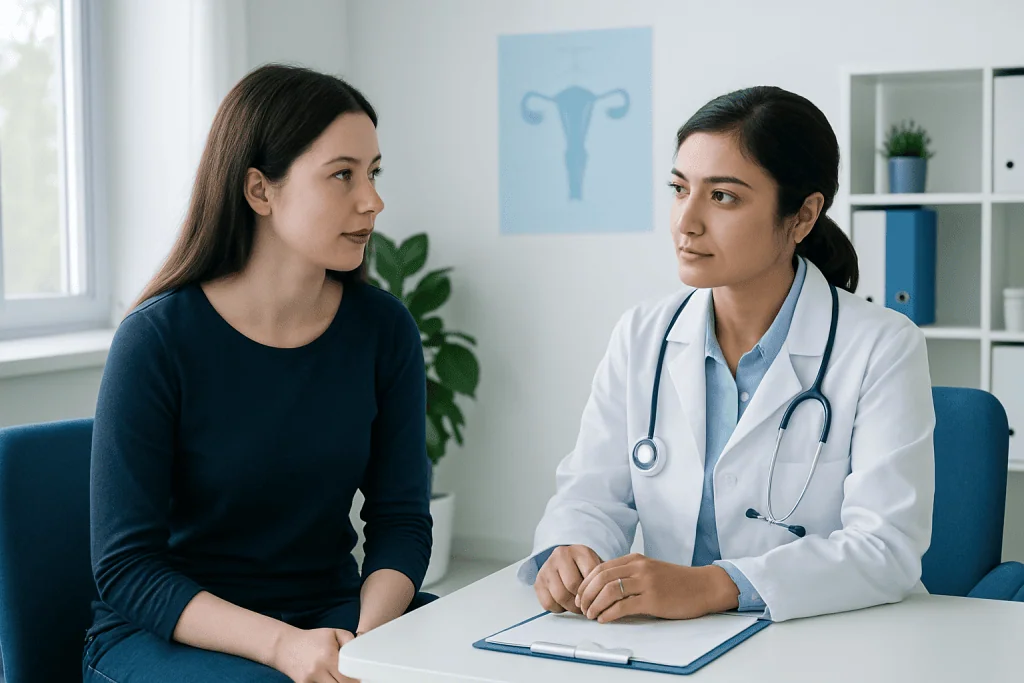 Doctor consulting with a patient in a medical office with gynecology symbol.