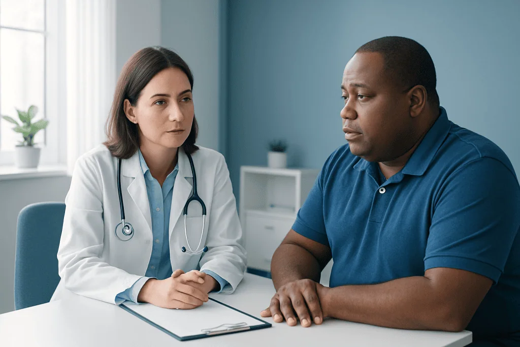 Doctor consulting with a patient in a medical office setting.