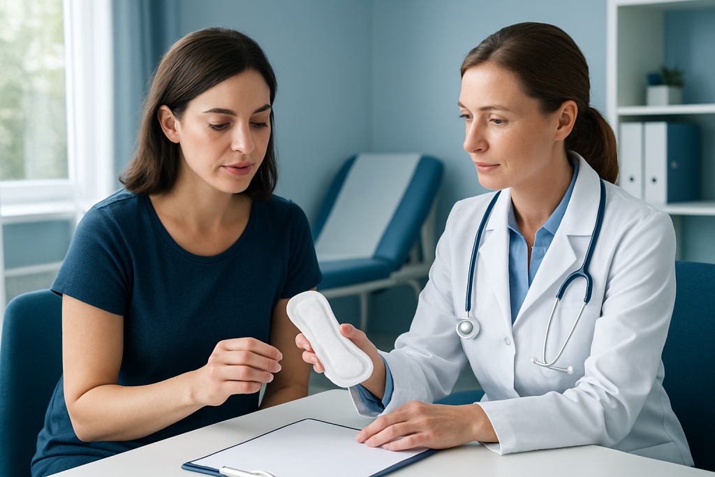 Doctor explaining feminine pads to a patient in a medical consultation.