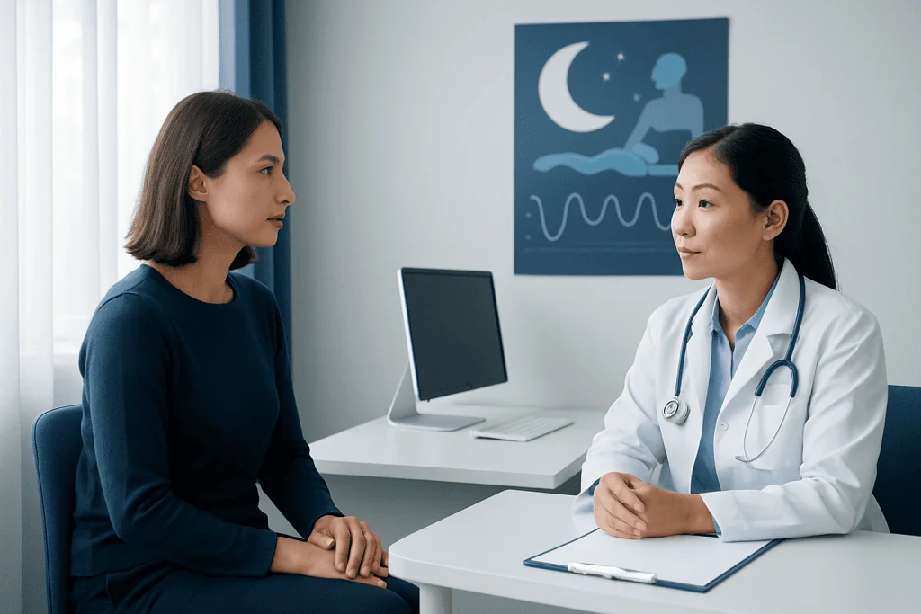 Doctor consulting a patient about sleep health in a clinic setting.