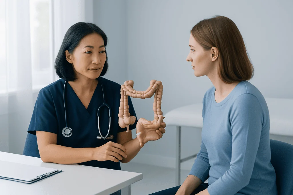 Doctor explaining human intestines to patient in a medical consultation.