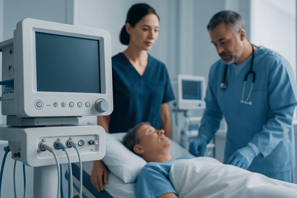 Medical team monitoring patient in hospital ICU with ventilator equipment.