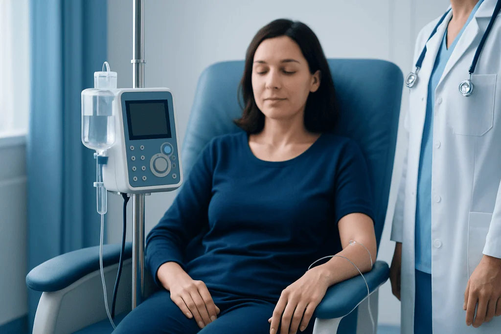 Patient receiving IV iron infusion in hospital setting.