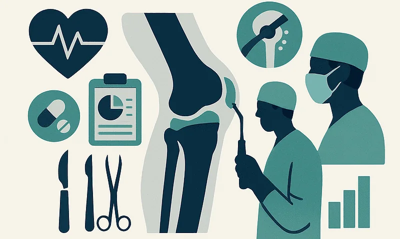 Medical team performing knee surgery with surgical tools and monitoring equipment.