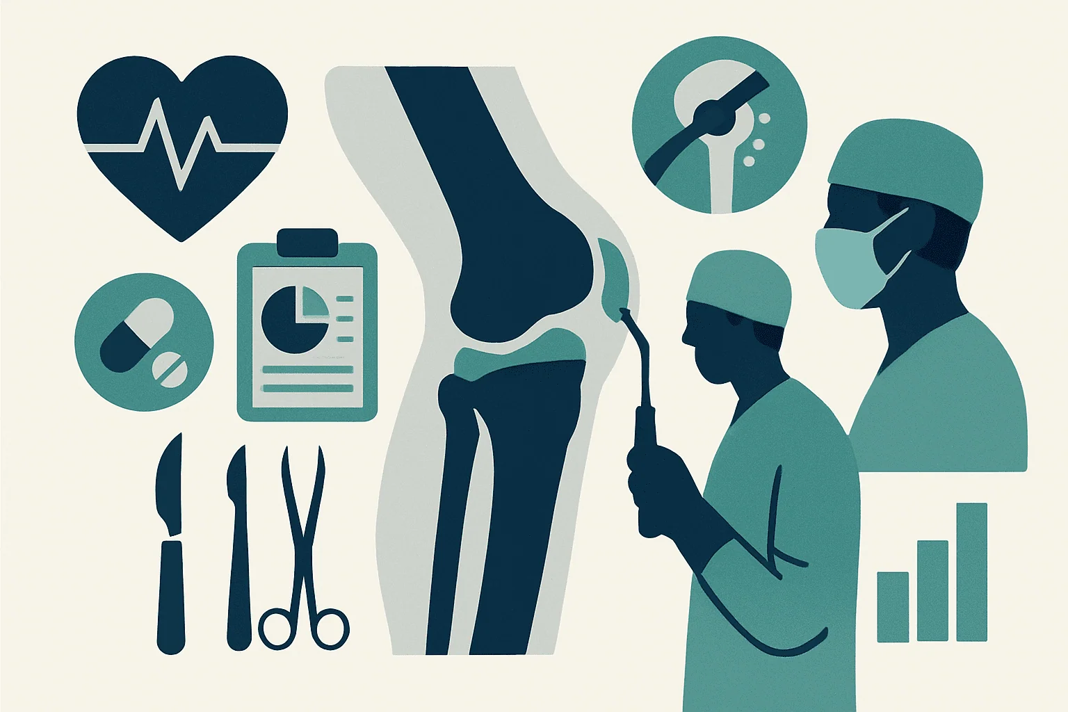 Medical team performing knee surgery with surgical tools and monitoring equipment.