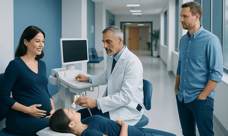 Doctor explaining ultrasound to pregnant woman in hospital corridor.