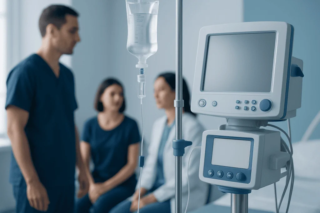 Medical professionals in a hospital room with IV drip and monitoring equipment.