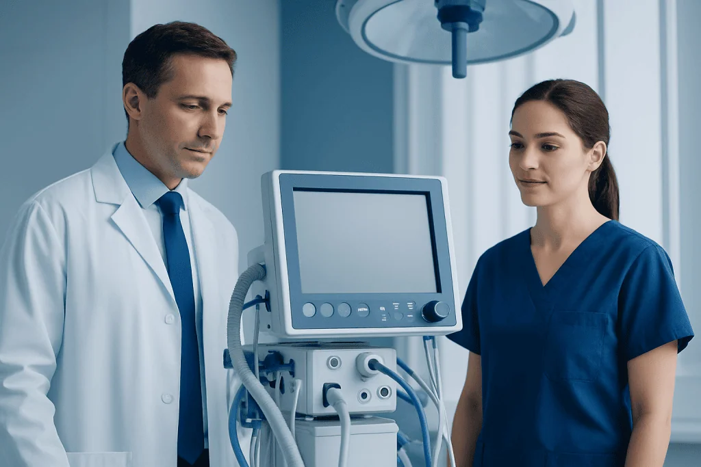 Medical professionals discussing patient care with ventilator in hospital.