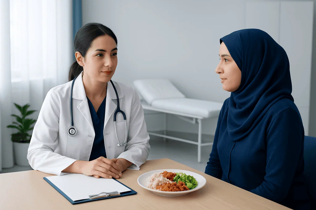 Doctor consulting a patient about her meal options in a hospital setting.