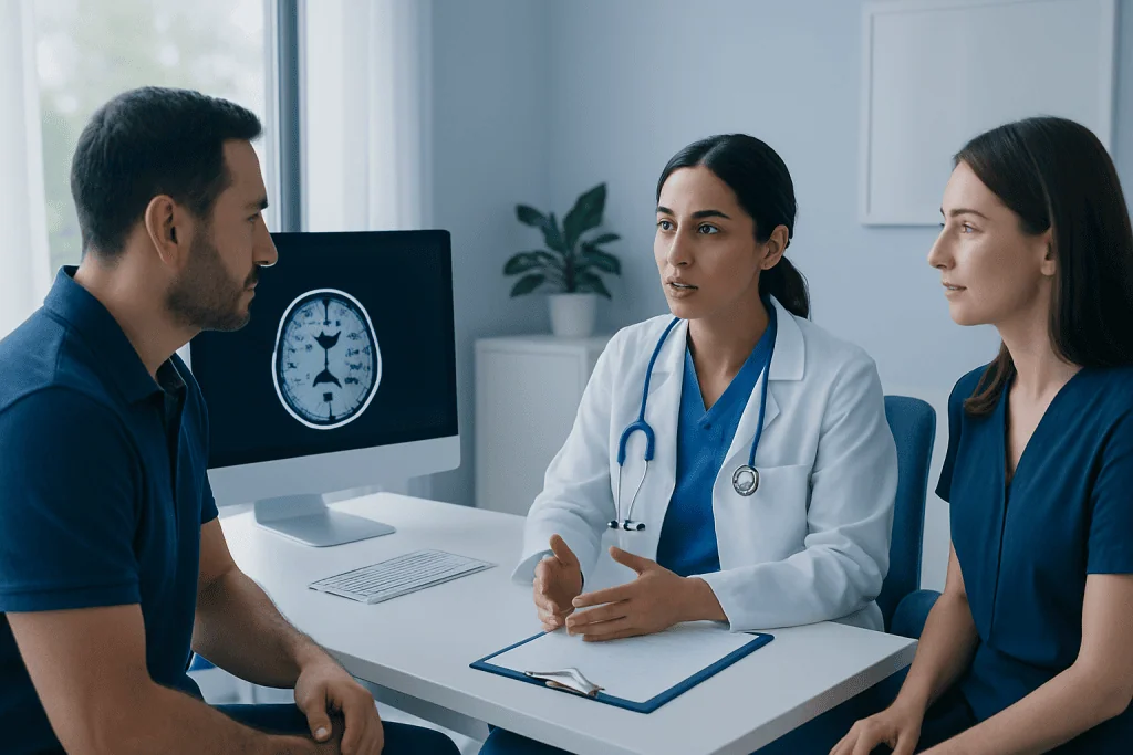 Doctor discussing brain scan with patient in a medical consultation.