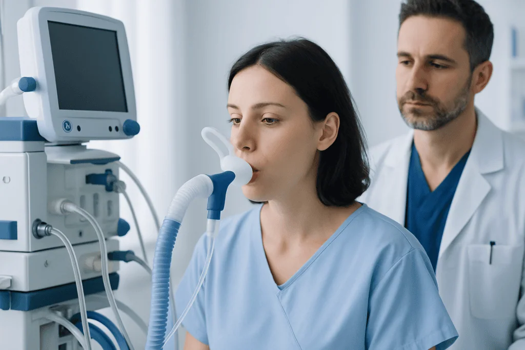 Patient undergoing respiratory test with medical staff at hospital.