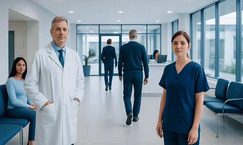 Medical professionals and patients in a modern hospital corridor.
