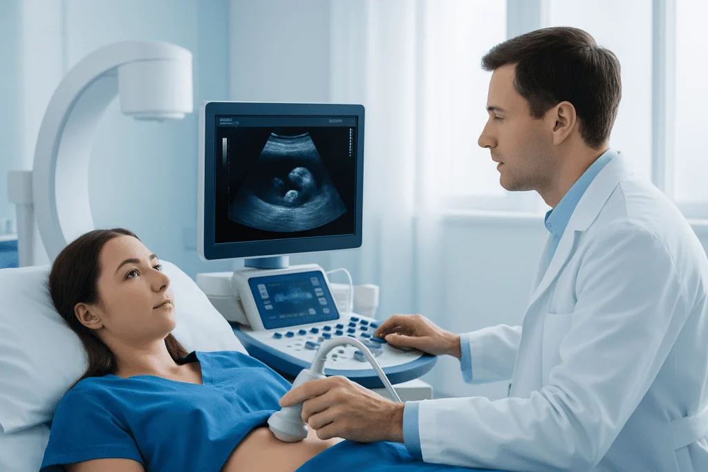Doctor performing ultrasound on patient in hospital room.