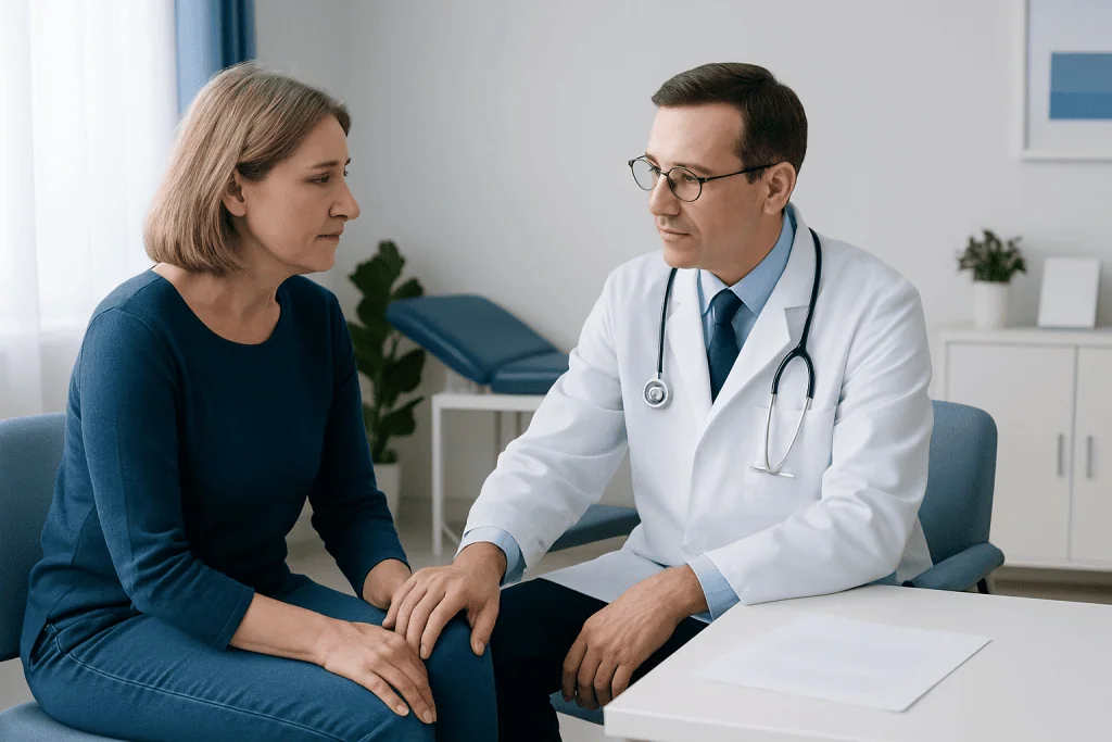 Doctor consulting with a female patient in a medical office setting.