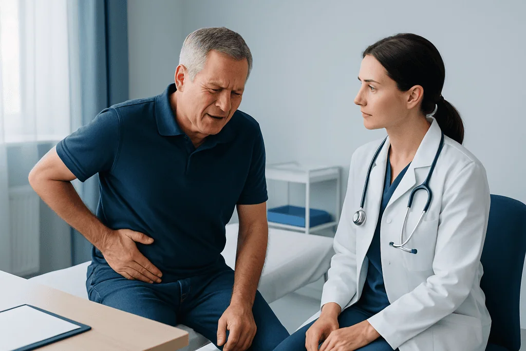 Man experiencing abdominal pain during medical consultation with doctor.