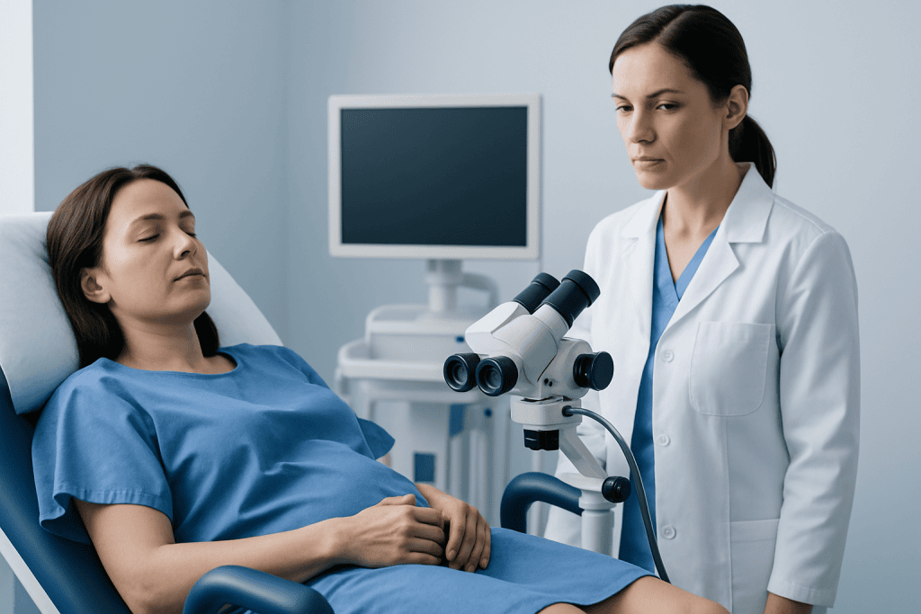 Gynecologist examining patient with microscope in hospital room.