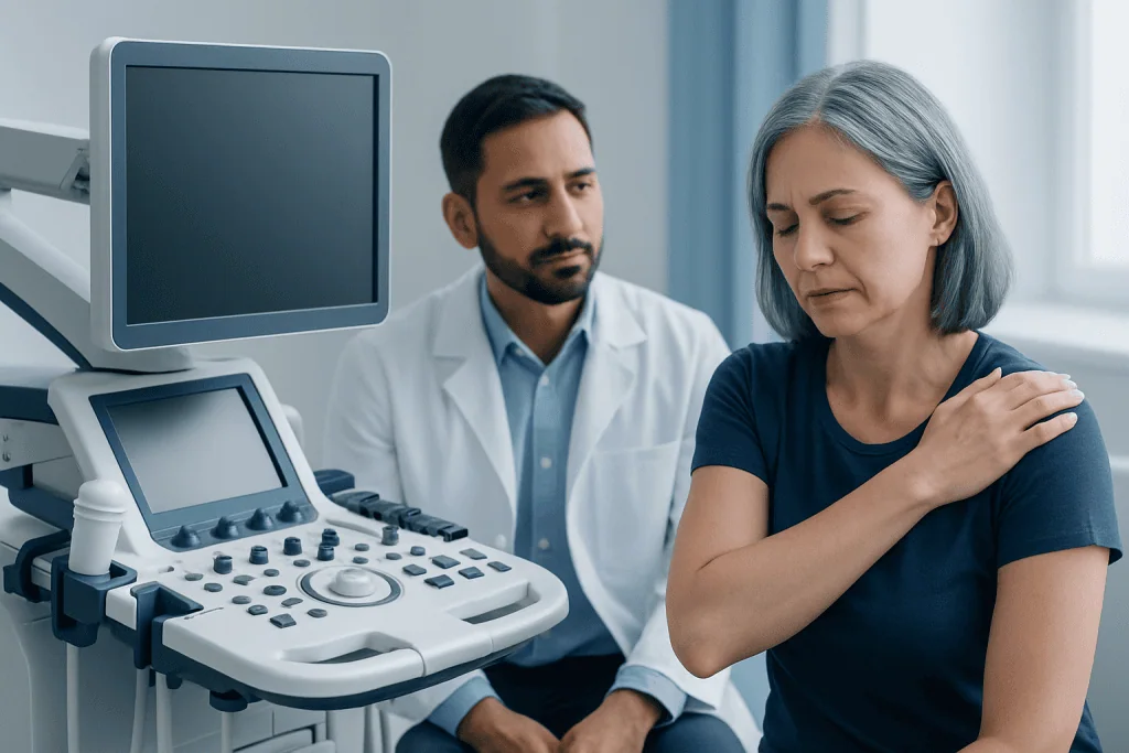 Woman experiencing shoulder pain during medical consultation at Acibadem Hospital.