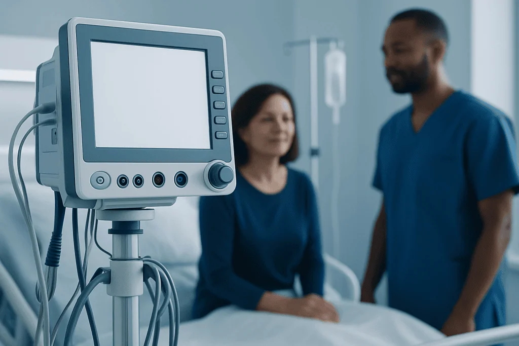 Medical monitor in hospital room with patient and healthcare professional.