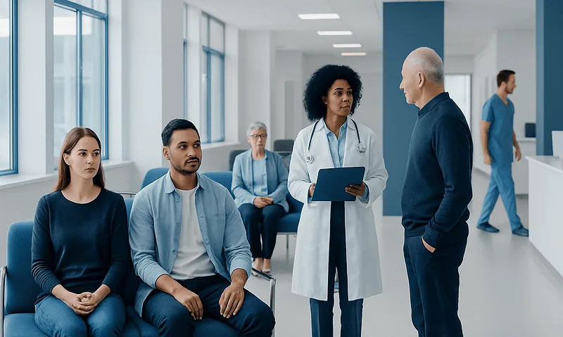 Medical consultation with diverse patients in a modern hospital setting.