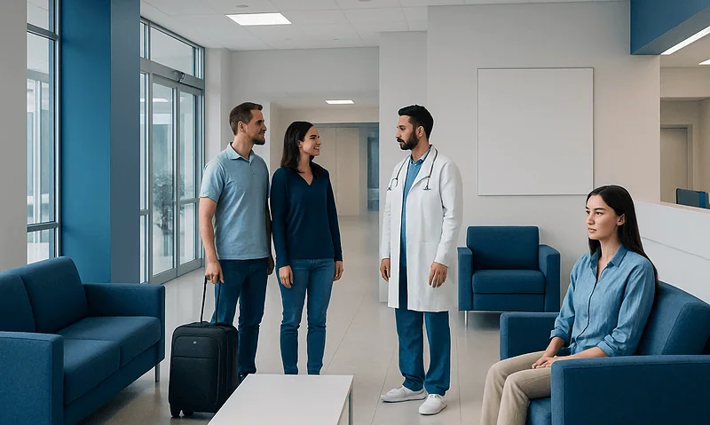Hospital waiting area with patients and doctor at Acibadem Hospitals Group.