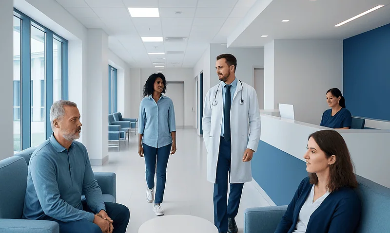 Medical consultation in a modern hospital waiting area with doctor and patients.