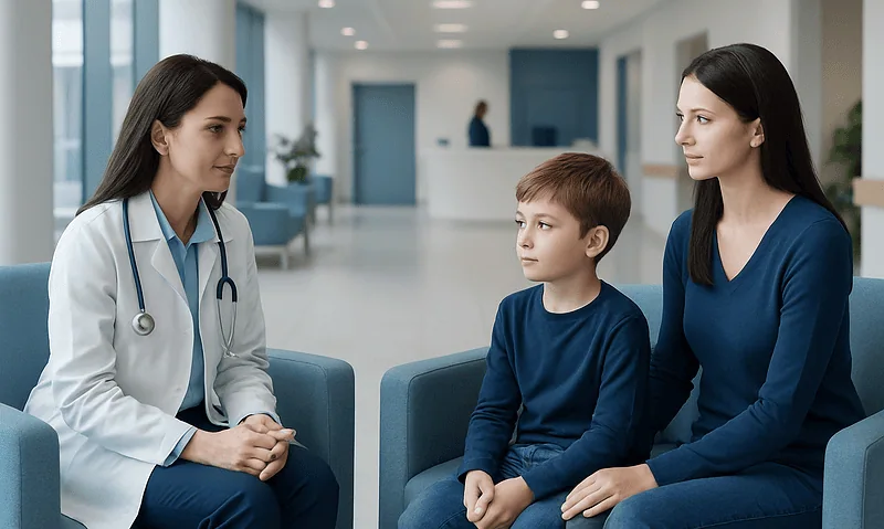 Doctor consulting with a mother and child in a hospital waiting area.