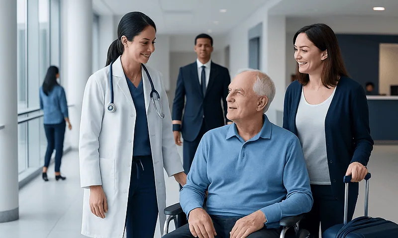 Hospital staff assisting a patient in a wheelchair in a modern hospital corridor.