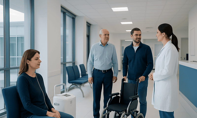 Medical consultation in hospital with patient and healthcare professionals.