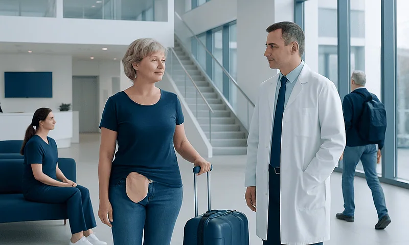Traveling to Turkey with a Stoma: Supplies, Airport Screening, and Recovery Planning 4 Doctor talking to a woman with a suitcase at the airport.