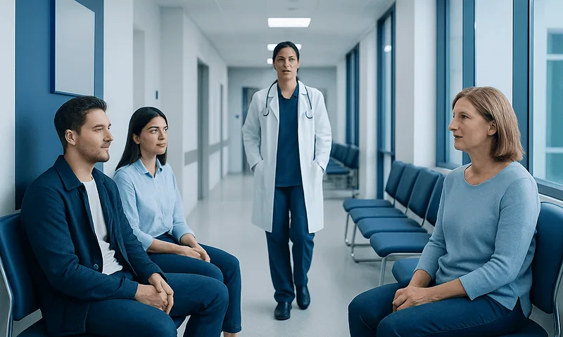 Medical consultation at Acibadem Hospital with doctor and patients in hallway.