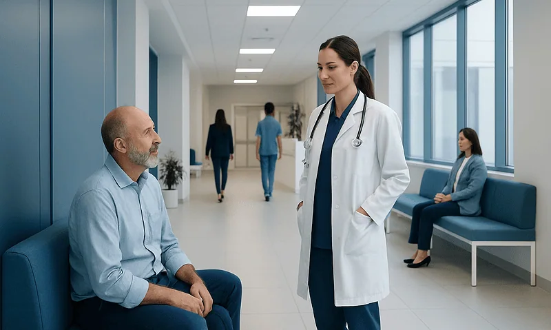 Doctor consulting with a patient in a modern hospital corridor.