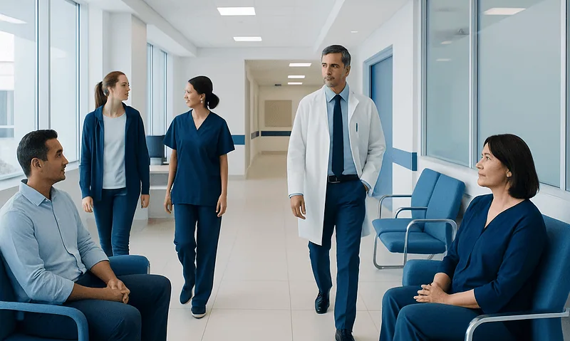 Medical team consulting in a hospital corridor with patients and staff.