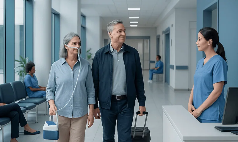 Patients and staff in a hospital corridor at Acibadem Hospitals Group.