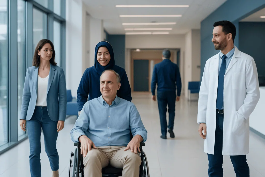 Arriving in Turkey with Mobility Equipment: Wheelchairs, Walkers, and Assistance 1 Hospital staff assisting a patient in a wheelchair in a modern corridor.