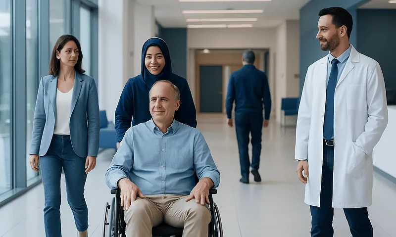 Hospital staff assisting a patient in a wheelchair in a modern corridor.