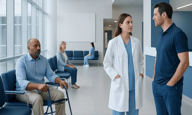 Medical consultation in a hospital waiting area with diverse patients.