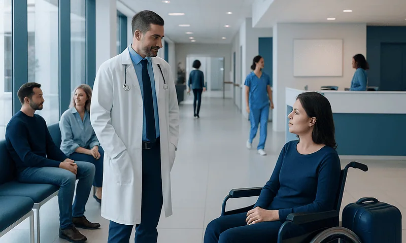 Doctor talking to a patient in a wheelchair at Acibadem Hospital.