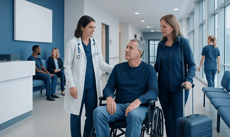 Hospital staff assisting a patient in a wheelchair at Acibadem Hospital.