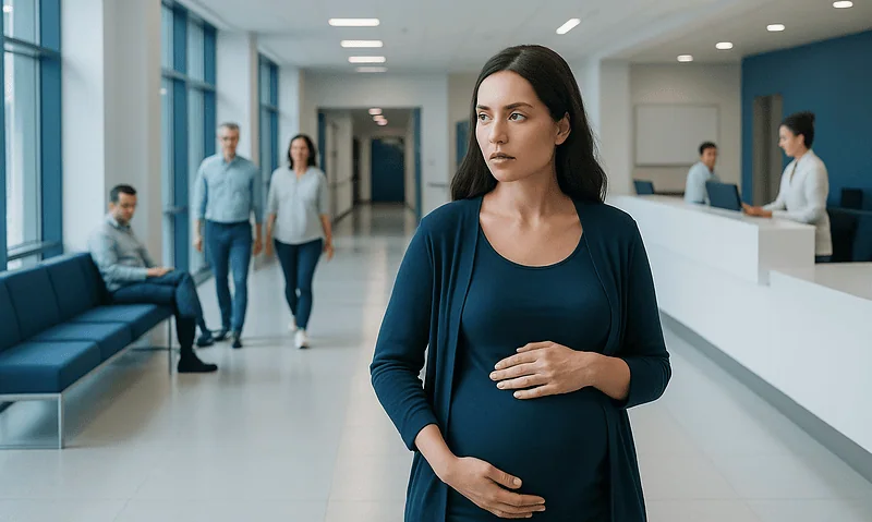 Pregnant woman waiting in hospital corridor at Acibadem Hospitals Group.