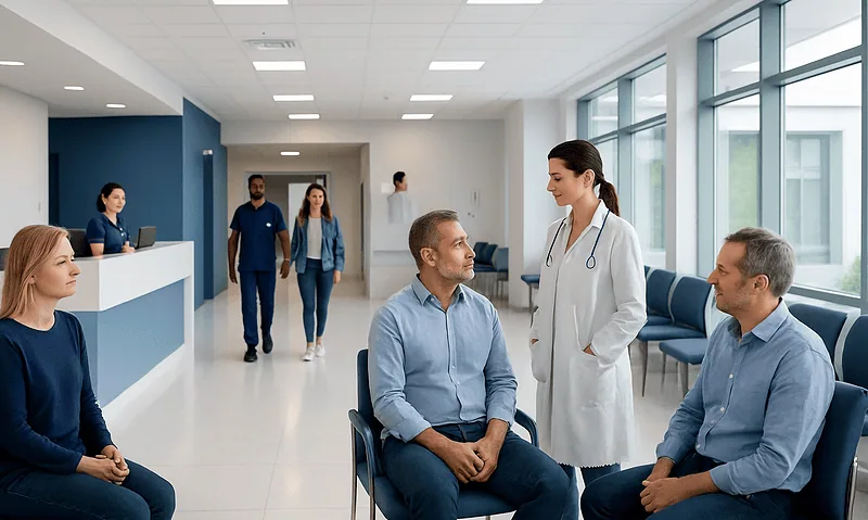 Patients consulting with a doctor in a modern hospital waiting area.