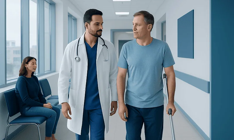 Doctor and patient walking in hospital corridor with waiting patient nearby.