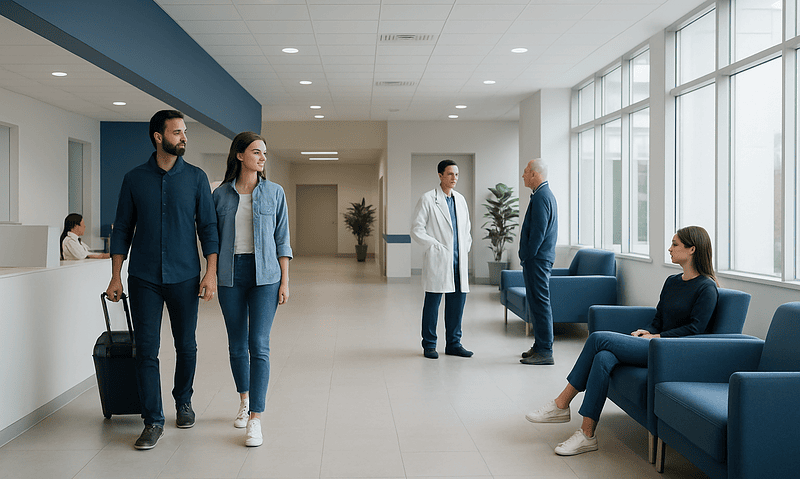 Patients and visitors in a modern hospital waiting area with large windows.